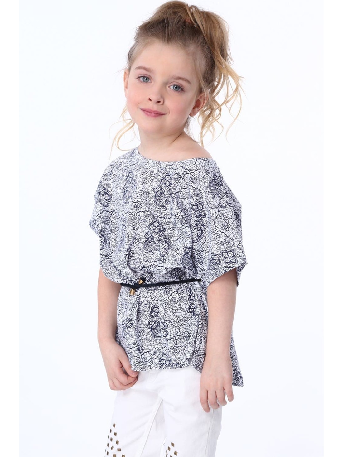 Bluza fetita cu cravate, alb si bleumarin NDZ8200 - Magazin online - Boutique